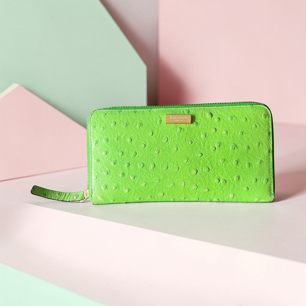 Kate Spade New York Green Zip Around Wallet Ostrich Embossed Leather